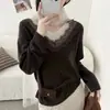 Suéter de punto de alpaca con ribete de encaje para mujer, nueva colección otoño 2026, diseño de dos piezas simulado, corte holgado, efecto adelgazante, suéter ligero