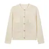 Jaqueta de Tricô Texturizado para Mulheres, Novo Estilo Outono 2026, Gola Redonda, Bolsos de Renda, Cardigã Curto de Botão Único no Estilo Chanel