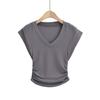 Feifei Manga V-cuello Plisado Manga Corta Mujer Verano 2023 Nuevo Estilo Europeo y Americano Cintura Ceñida Ajustado Corto Camiseta Top