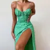 Ropa de mujer transfronteriza europea y americana 2026 verano nuevo vestido sexy con estampado de lazo en la cintura abertura vestido de tirantes
