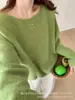 Suéter de tricô gola redonda estilo preguiçoso ombro a ombro de pelo de coelho verde para mulheres, novo top suéter macio solto de outono e inverno, versátil