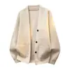 Cardigã masculino de primavera e outono, suéter de tricô, jaqueta com decote V, cor sólida da moda, casual de caimento solto para adolescentes, versátil