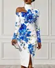 Transfronterizo Nuevo Estampado Digital Casual Personalidad Moda Temperamento Vestido de Manga Larga Hombros Descubiertos Falda Primavera y Otoño Mujer