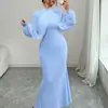 Vestido longo de festa europeu e americano transfronteiriço para mulheres 2026 elegante com gola alta, malha, strass, manga longa, acinturado, estilo sereia