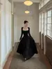 Vestido Cuadrado de Manga Larga con Patchwork Estilo Puro Deseo para Mujer, Otoño Cintura Alta Acampanado Adelgazante Elegante Línea A Largo