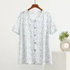 Cardigã de Verão Fino de Algodão e Seda para Mulheres de Meia-Idade e Idosas, Camiseta Floral Solta de Tamanho Grande