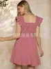 Vestido de Verano Nuevo Color Puro Cuello Redondo Manga Corta Falda de Pastel Plisada Falda Línea A Casual Amazon Europeo y Americano 2025