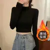 Camiseta de terciopelo fino y cálido con pliegues y cuello alto medio, manga larga, otoño e invierno, versátil, pura deseo, base, ajustada, corta para mujer