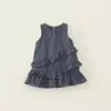 Verano 2026 Nuevo Vestido de Tartán para Niñas Sin Mangas Cuadros Azul Oscuro Volantes Multinivel Dulce Retro