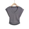 Playera de manga corta con cuello en V para mujer, verano, manga corta con volantes, cintura ajustada, bajo curvo, sexy, top corto de punto al por mayor