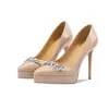 Zapatos de pasarela de tacón alto de 14 cm para mujer, plataforma ultralarga, punta fina, elegante color nude, tacón delgado, zapatos de boda con pedrería