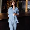 Traje Azul de Moda Estilo Dinero Antiguo para Mujer Primavera y Verano Nuevo Camisa Relajada de Manga Larga Pantalones de Pierna Ancha Conjunto de Dos Piezas de Algodón y Lino