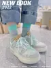 Meias de Algodão com Costura Dupla para Primavera Outono Inverno Verão Meias de Cor Contrastante Moda Necessária Estilo Universitário Meias de Algodão de Cano Médio Meias da Moda para Mulheres