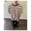 Camiseta de Manga Corta a Rayas y Bloques de Color Estilo Americano High Street Unisex Marca de Moda Holgada Casual Versátil Top de Manga Tres Cuartos