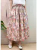 Ropa de Seda Qingmei: Falda de algodón floral de longitud media para mujer, artística y fresca, de cintura alta, falda de línea A adelgazante para figuras petite