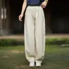 26 Outono Algodão e Linho Novo Produto Feminino Ramie Lavado com Areia Calça Longa Design Original Artístico Versátil Cintura Elástica Calças Harem Femininas