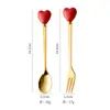 Tenedor y Cuchara de Acero Inoxidable con Mango de Cerámica en Forma de Corazón, Estilo Lindo para Postre, Fruta, Té de la Tarde para Niñas, Cucharita de Café