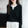 Nuevo Jersey de Punto de Dos Piezas Falsas en Color Contrastante Otoño e Invierno para Mujer Estilo Coreano Reductor de Edad Top Interior Jersey Básico y Versátil para Mujer