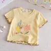 Camiseta de Manga Corta con Estampado de Conejo de Dibujos Animados para Niñas 2026 Verano Cuello Redondo Borde con Volantes Algodón Transpirable Versátil Top Moderno