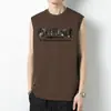 Colete Branco de Algodão Puro Masculino Tendência Verão Fitness Esportes Colete Camiseta Sem Mangas de Algodão Estampada Carta Moletom para Corrida com Obstáculos