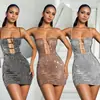 C7167 Cross-Border Aliexpress Amazon Moda Europeia e Americana Feminina Vestido Curto Sexy Justo com Alças de Strass