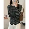 Top de punto de manga larga a rayas blancas y negras estilo coreano para mujer, camiseta básica ajustada de otoño, top elegante