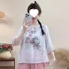Estilo étnico verano nuevo estilo chino algodón lino retro camisa con cuello diagonal, vestido de té abotonado artístico, top bordado de manga tres cuartos