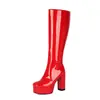 Botas de moda de bico redondo com zíper lateral, botas de couro envernizado, botas de cano alto brilhantes para outono e inverno, plataforma impermeável versátil, botas femininas plus size