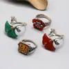 Anillo de Plata de Ley S925 Ágata Doble Felicidad Hojas de Ginkgo Anillo Vintage Antiguo para Dedo Índice Joyería
