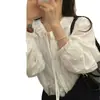 Estilo Chic Coreano Primavera Camisa de Algodão Jacquard de Manga Longa com Laço + Colete de Tricô Trançado para Mulheres