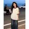 Camiseta de Verano de Algodón 100% Puro de Alta Gama con Cuello Redondo y Mangas Cortas para Hombre, Sencilla y de Corte Holgado, Top de Ropa de Trabajo de Longitud Media Adelgazante para Mujer