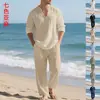Ropa de casa casual de estilo americano para hombre, de lino, holgada, para primavera y otoño, con diseño de cuello en V, manga larga y pantalón largo.