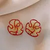 Pendientes de botón con flor de esmalte rojo y aguja de plata electrochapada en oro real de 18K Pendientes vintage de otoño e invierno Pendientes de lujo ligero de alta gama para mujer