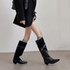 Botas de Caballero de Tacón Bajo Relajadas Estilo Francés Maillard 2025 Otoño e Invierno Tacón Bajo Grueso Punta Cuadrada Piel Genuina Botas Altas para Mujer