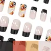 Artículo popular de comercio exterior: Uñas postizas rectangulares de longitud media con borde negro de hoja de arce amarilla francesa, clásico de otoño, 24 piezas, al por mayor