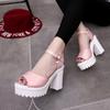 Sandálias Femininas de Plataforma com Salto Alto Peep-Toe com Strass, Tira no Tornozelo e Salto Grosso - Novidade Verão 2019