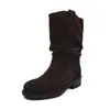 Botines de mujer hasta la pantorrilla en piel de vacuno envejecida, nuevo estilo otoño e invierno, piel genuina, punta redonda, sin cordones, tacón medio grueso, botines individuales vintage envejecidos para mujer