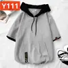 Sudadera con capucha de manga corta para hombre, top de estilo japonés de moda para verano, corte holgado, camiseta de manga media, ropa tipo camiseta
