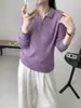 Suéter feminino de lã fina com lapela e botões, macio para primavera e outono, simples, delicado, liso e elegante, top de tricô para o trabalho