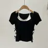 Nueva Camiseta de Cuello de Color en Contraste Diseño Hueco de Lazo Doble Sexy Moda Spice Girls con Almohadilla en el Pecho Manga Corta Mujer