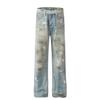 D1625 Retro Americano Calle Alta Unisex Moderno Diseño de Color Sucio Rociado a Mano Jeans Lavados de Alta Gama para Hombre