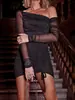 Moda Europeia e Americana Roupas Cordão Malha Ombro Inclinado Sem Costas Cor Pura Simples Vestido Slim de Manga Comprida Justo ao Quadril para Mulheres