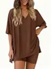 Verano Nuevo Transfronterizo Europeo y Americano Amazon Comercio Exterior Moda Casual Cuello en V Color Sólido Holgado Conjunto de Pijama