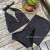 Novo Maiô Estilo Coreano de Férias Sexy com Decote em V Profundo Cobertura da Barriga Cintura Alta Costas Nuas Retro Poá Saia Dividida Conjunto de Três Peças Feminino