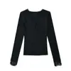 Camiseta Sexy de Encaje con Cuello en V y Mangas Largas Estilo Americano Otoño Alta Elasticidad Ajustada Puño con Encaje Base Dividida