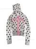 Sudadera corta con capucha de lunares estilo milenio Y2K para mujer, chaqueta cárdigan con cremallera color block rosa, dulce y picante