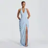 Vestido de Noche INS Europeo y Americano de Tirantes Profundos en V para Mujer Cintura Fruncida Diseño de Abertura Alta Temperamento de Fiesta Vestido de Alta Gama