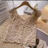 Top Corto de Verano Petite sin Mangas con Cuello Volante, Chaleco de Encaje Calado de Ganchillo para Mujer para Usar Afuera