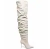 Botas de alta qualidade acima do joelho para mulheres, botas bege amassadas, bico fino, interior de pele de ovelha, sola de couro genuíno, salto fino, botas longas, enrugadas