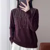 Cross2026 Outono/Inverno Novo Gola Meia-Alta Tricô Manga Longa Feminino Cor Sólida Miçanga Lantejou Strass Hotfix Pulôver Camisa Base Top